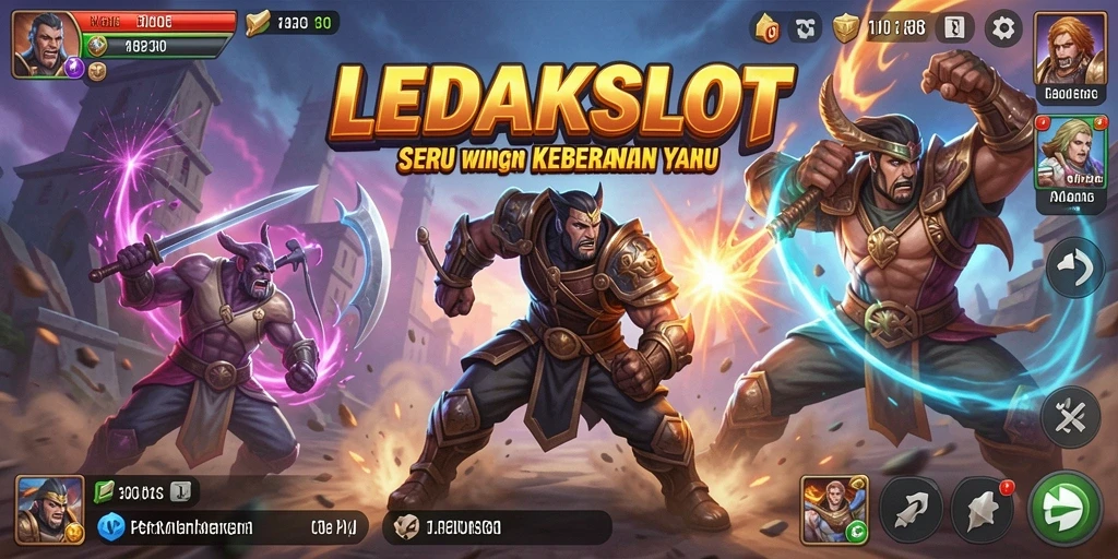 Tampilan gameplay seru dengan karakter bertarung di arena.