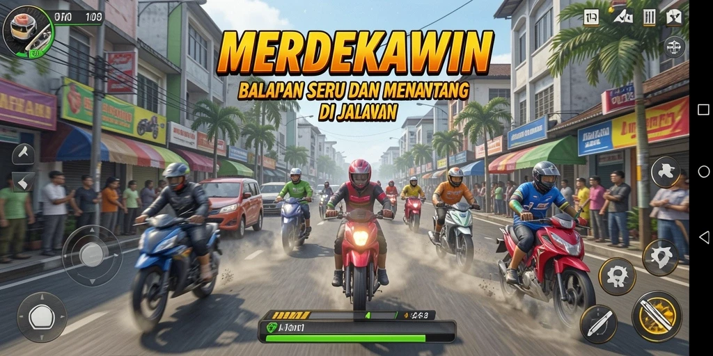 Tampilan menarik dari gameplay balapan di MERDEKAWIN.