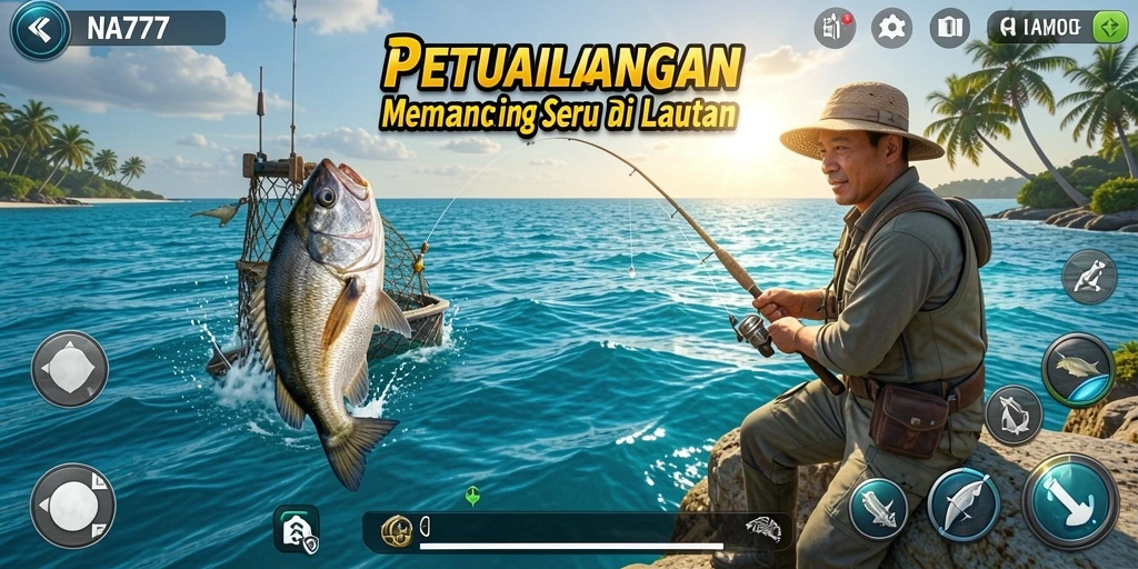 Gameplay NA777 yang menunjukkan momen menangkap ikan di lautan.
