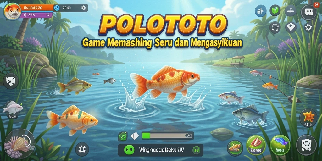 Screenshot menunjukkan pemain menangkap ikan besar dengan latar belakang yang indah.