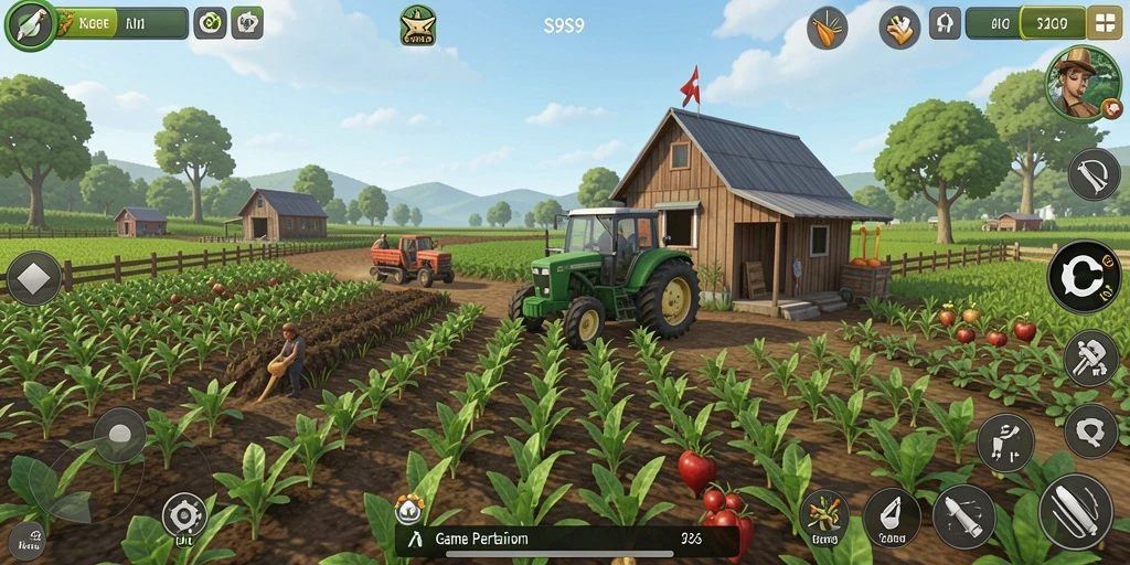 Tampilan gameplay S9S9 dengan pemandangan ladang yang indah.